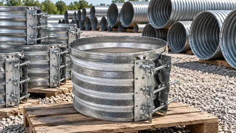 Galvanized coupling bands on a pallet with culvert pipe stacked behind