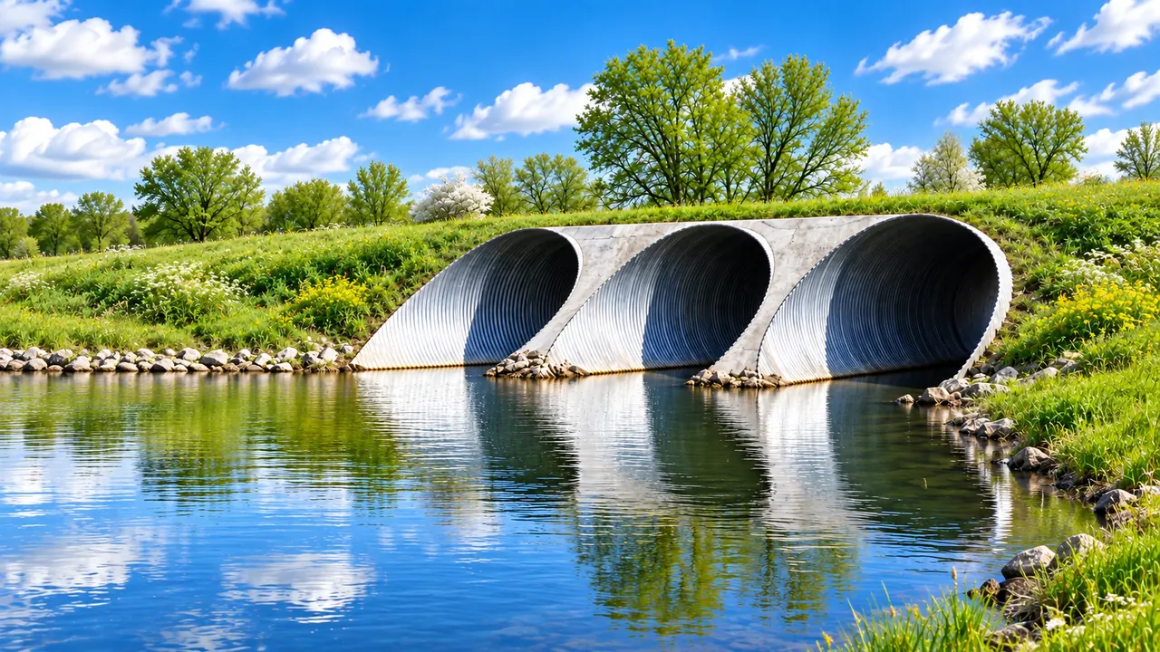 Three corrugated steel culvert barrels at a water crossing, grass and trees behind — illustrative image